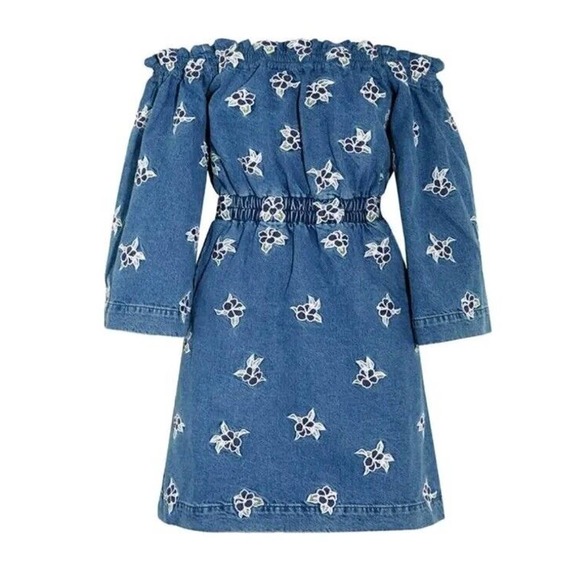 House of Holland Women’s Denim Off Shoulders Dress Floral Embroidered Sz US 4 (A - Picture 1 of 6